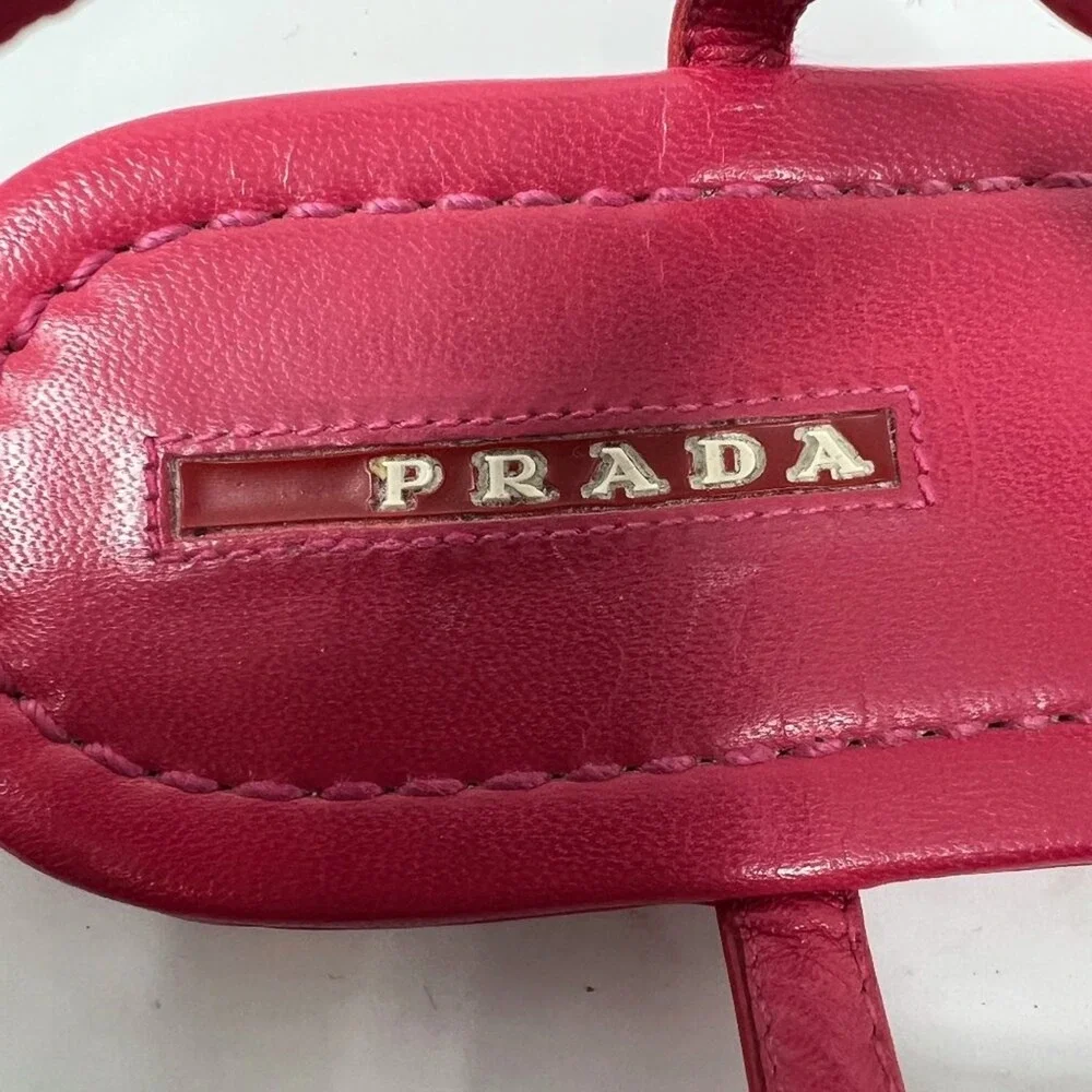 Prada Pink Patent Leather Flat Sandals T Strap Logo‎ 39.5